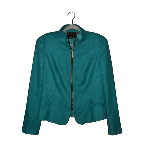 CARLISLE $295 Teal Tailored Fit Silk Zip Jacket Zipper Sleeve‎ Cuffs Size 10 - Picture 1 of 3